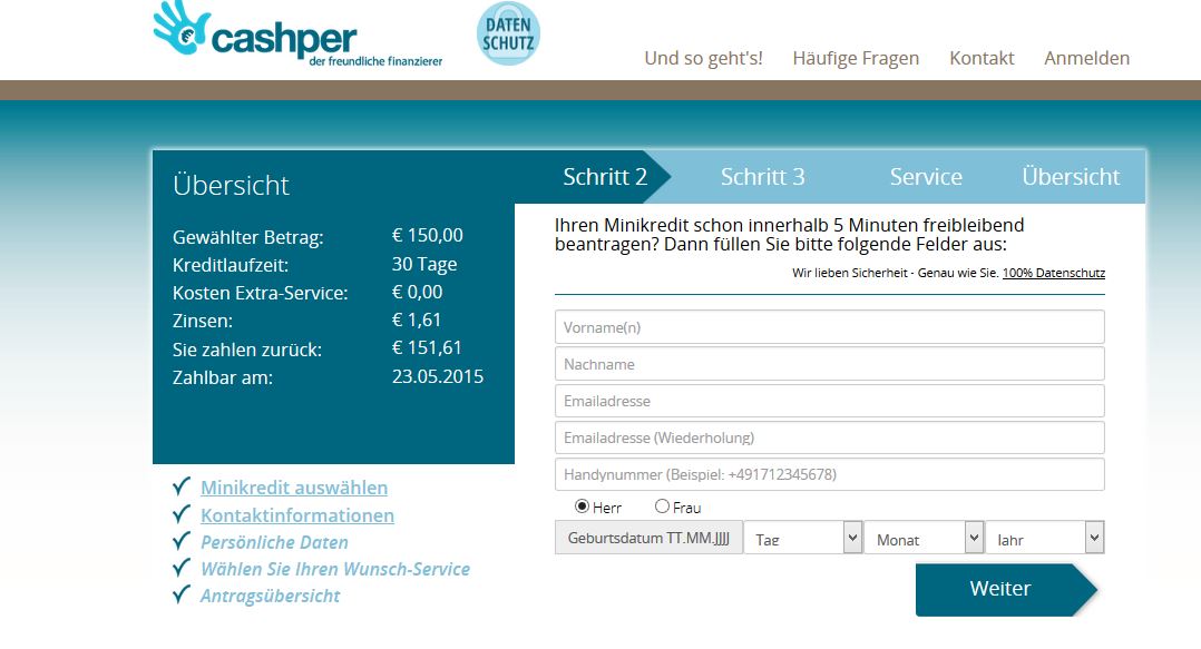 Die Beantragung bei Cashper.de