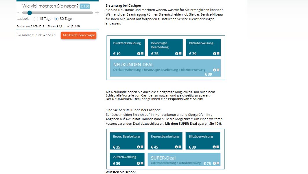 Die optionalen Deals von Cashper