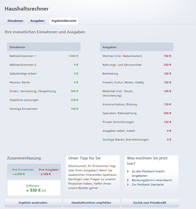 postbank haushaltsrechner