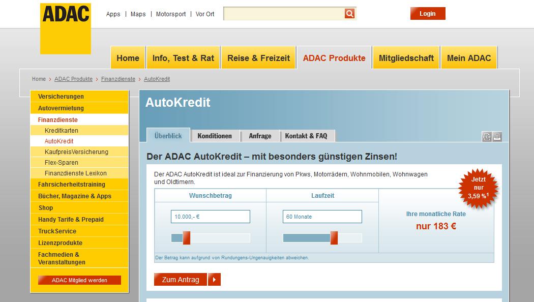 Die ADAC Homepage zum Autokredit