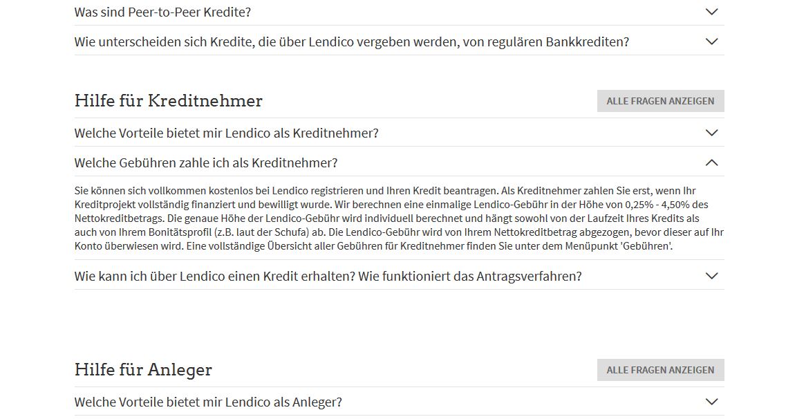 Erklärung über die Gebühren für Kreditnehmer auf Lendico