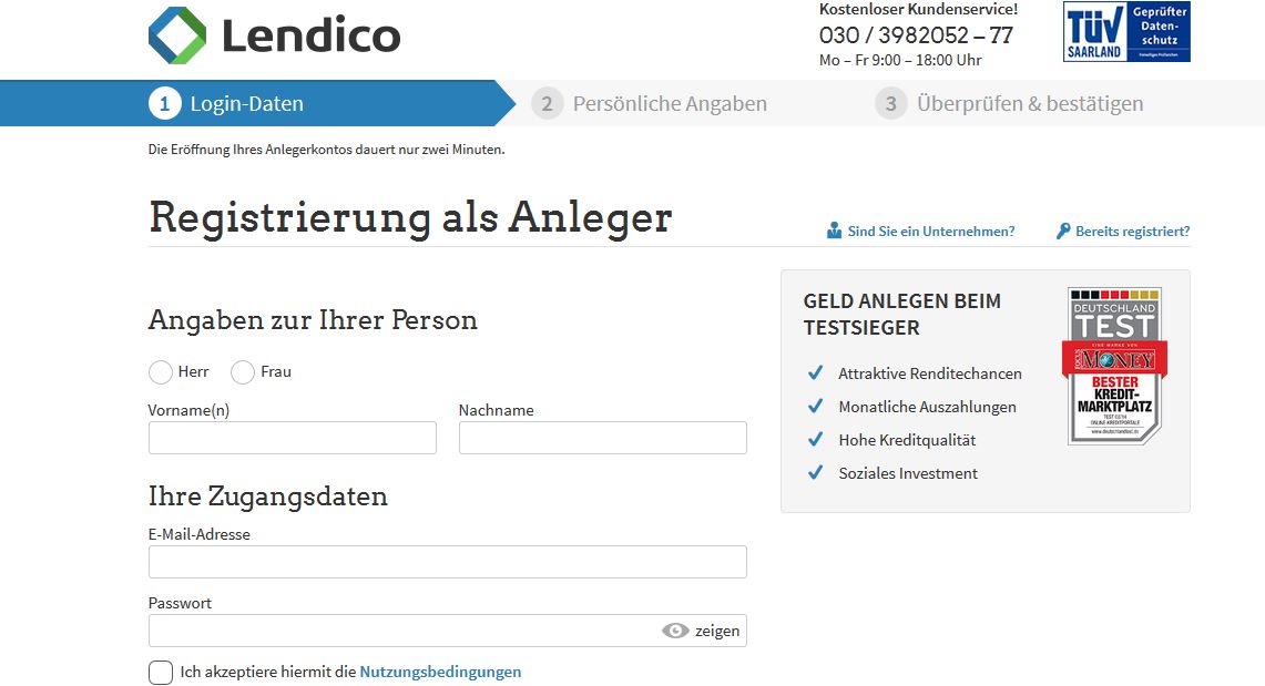 : Das Registrierungsformular für Anleger bei Lendico