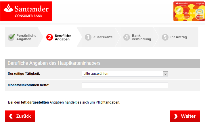 Gestaltung Formular Santander SunnyCard