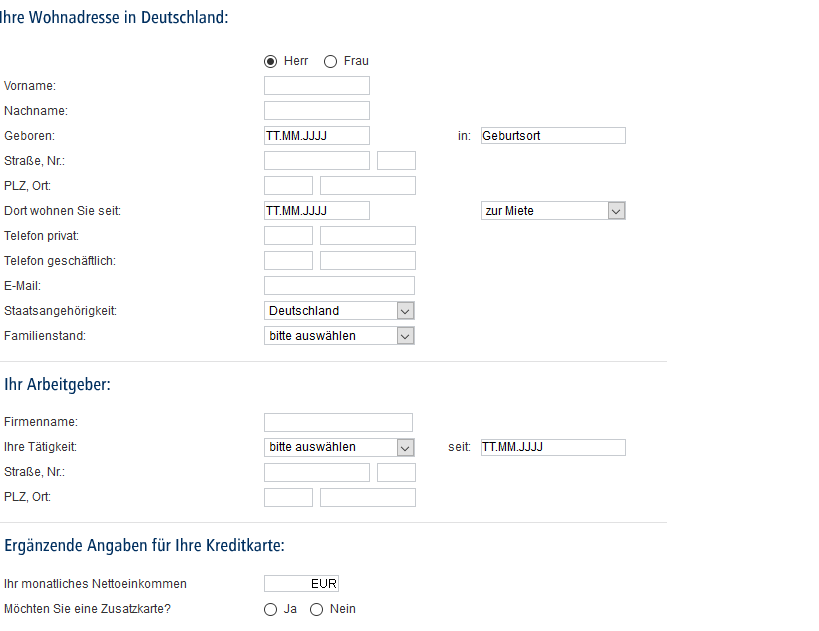 Ansicht Antrag TARGOBANK Online-Classic-Karte