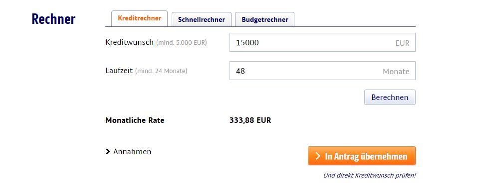 Der Kreditrechner rechnet die monatliche Rate aus