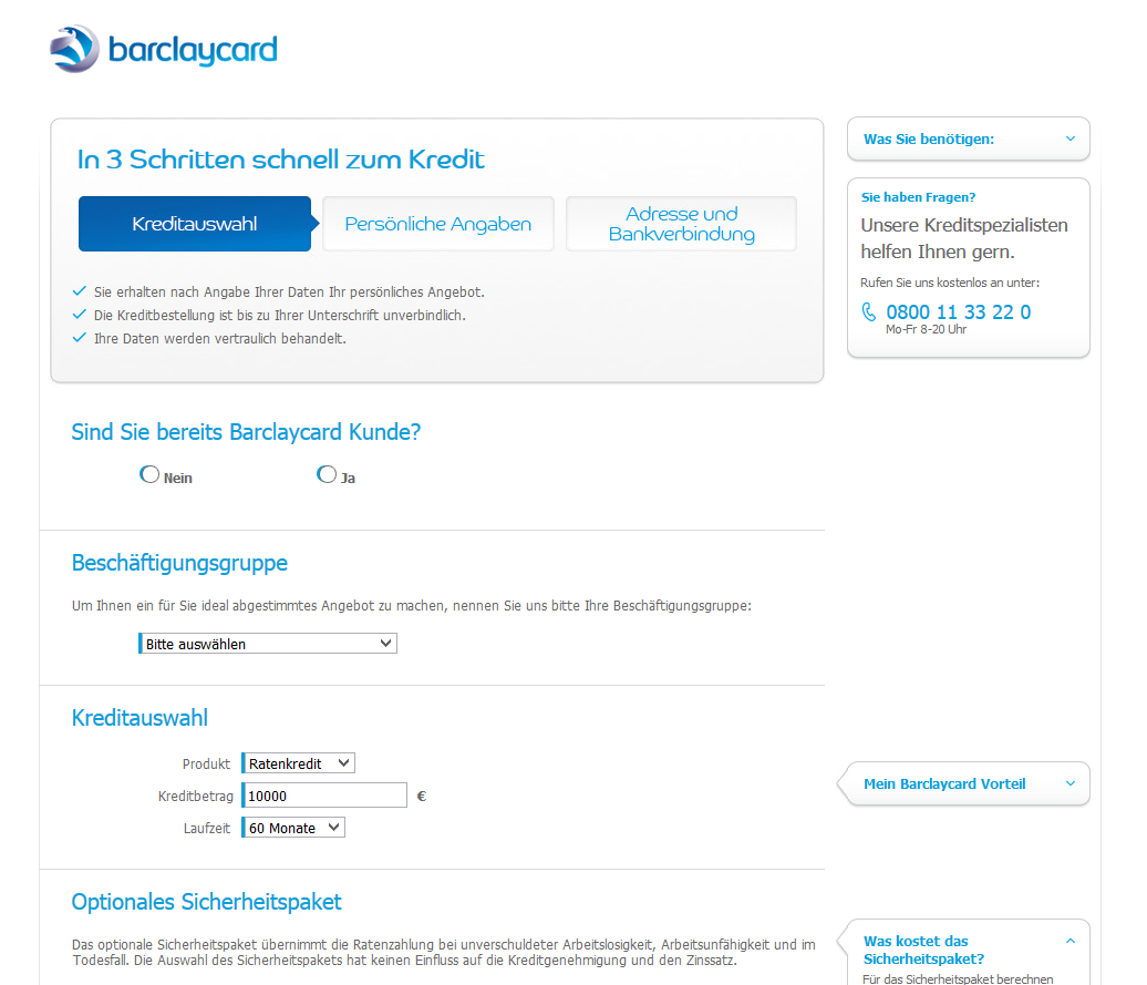 Das Antragsformular von Barclaycard