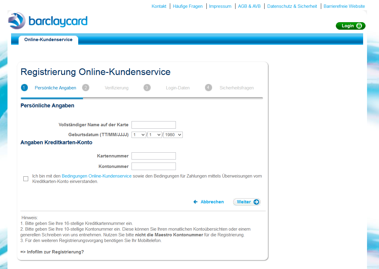 Das Online-Formular für die Barclaycard Registrierung