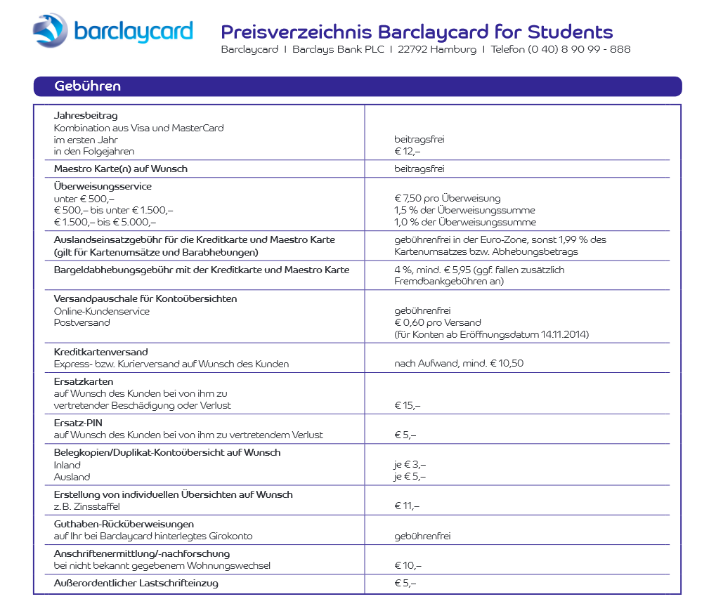 Das kleine Preisverzeichnis der Barclaycard for Students