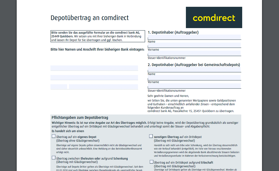 Das Depotübertragsformular von Comdirect