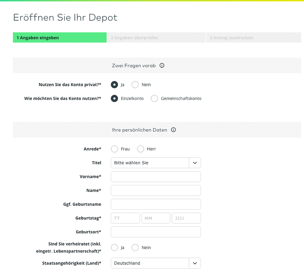 Das Online-Formular für die Depoteröffnung