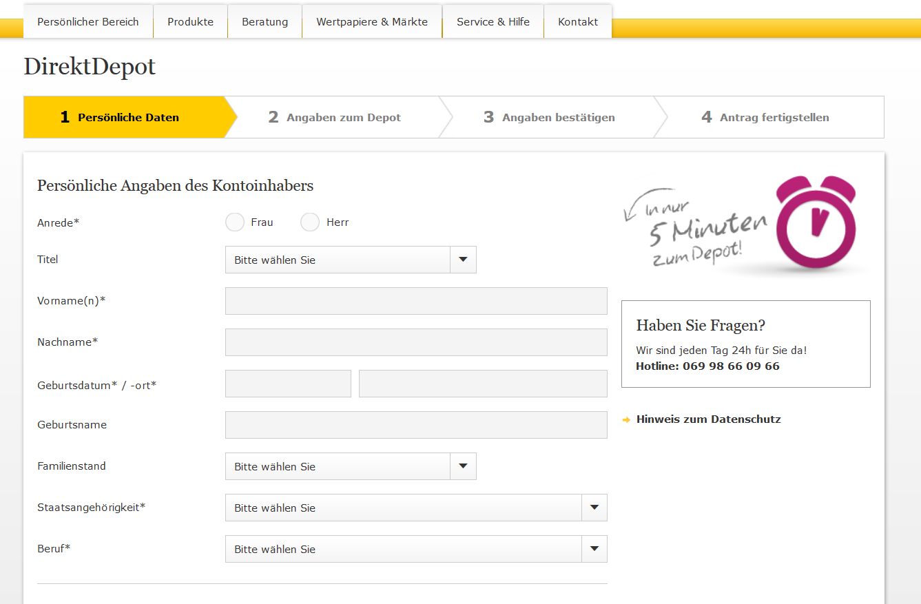 Das Online-Formular für die Eröffnung des DirektDepots