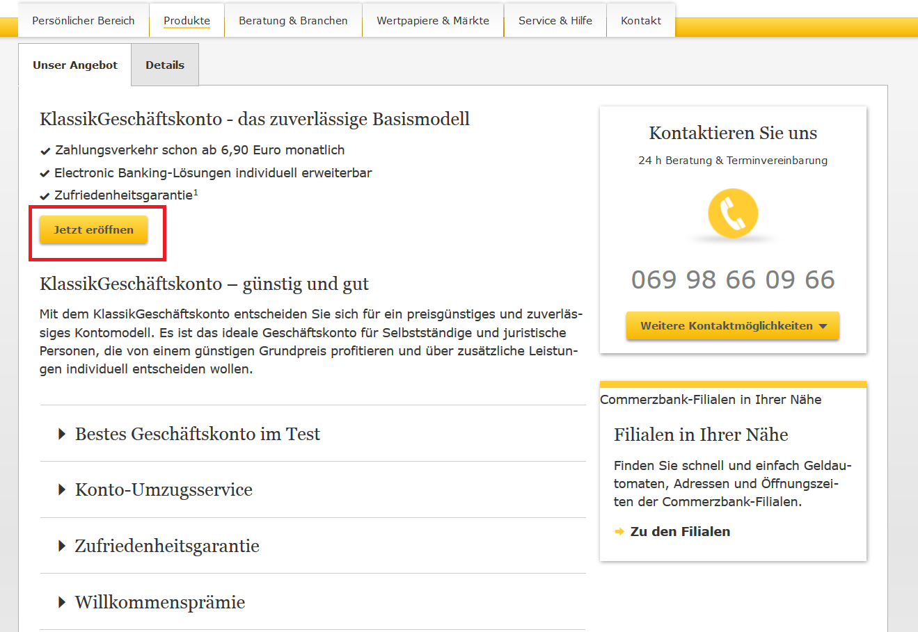 Die Kontoeröffnung beginnt mit einem Klick auf „Jetzt eröffnen“