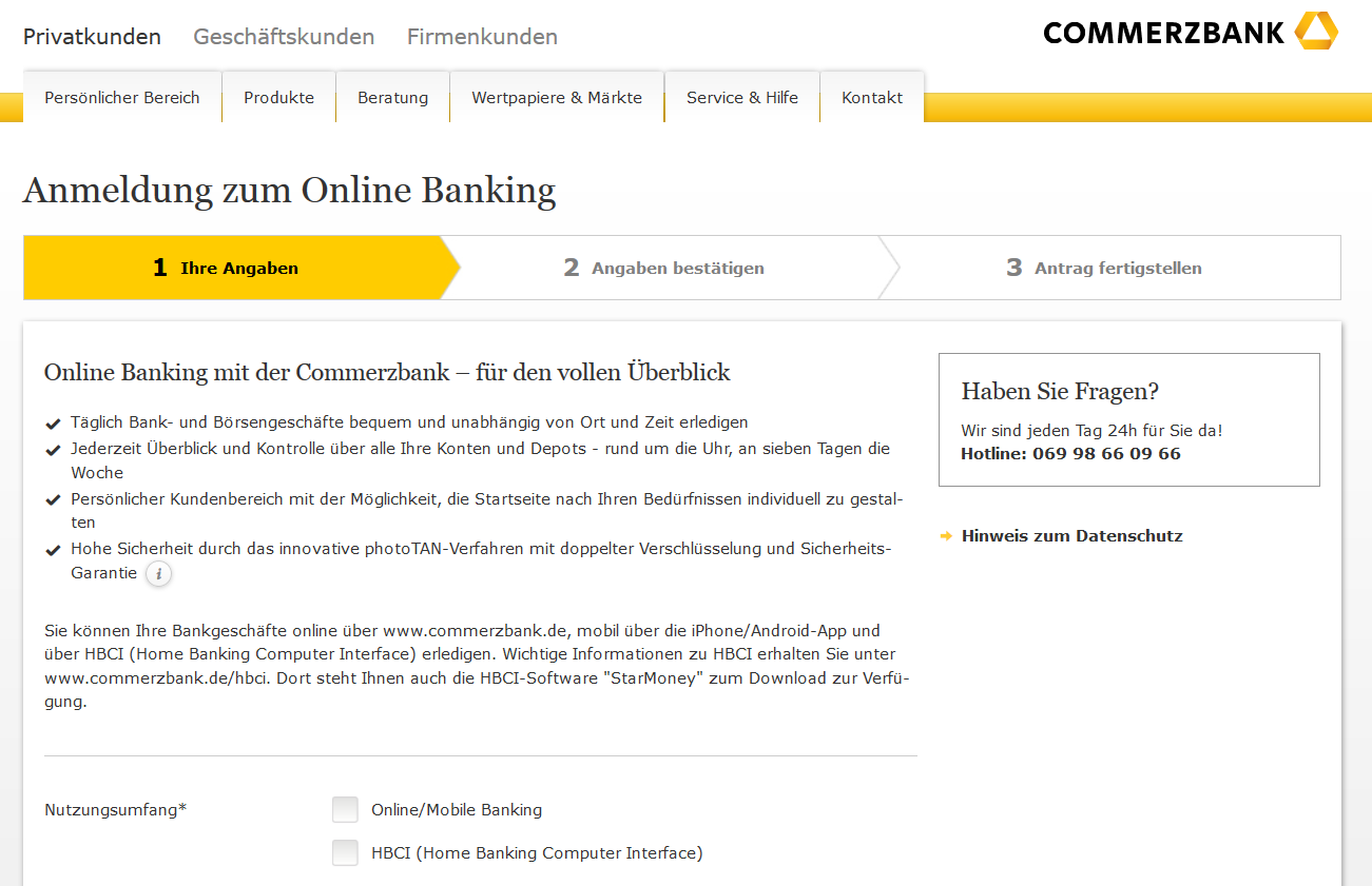 Das Online-Banking-Registrierungsformular
