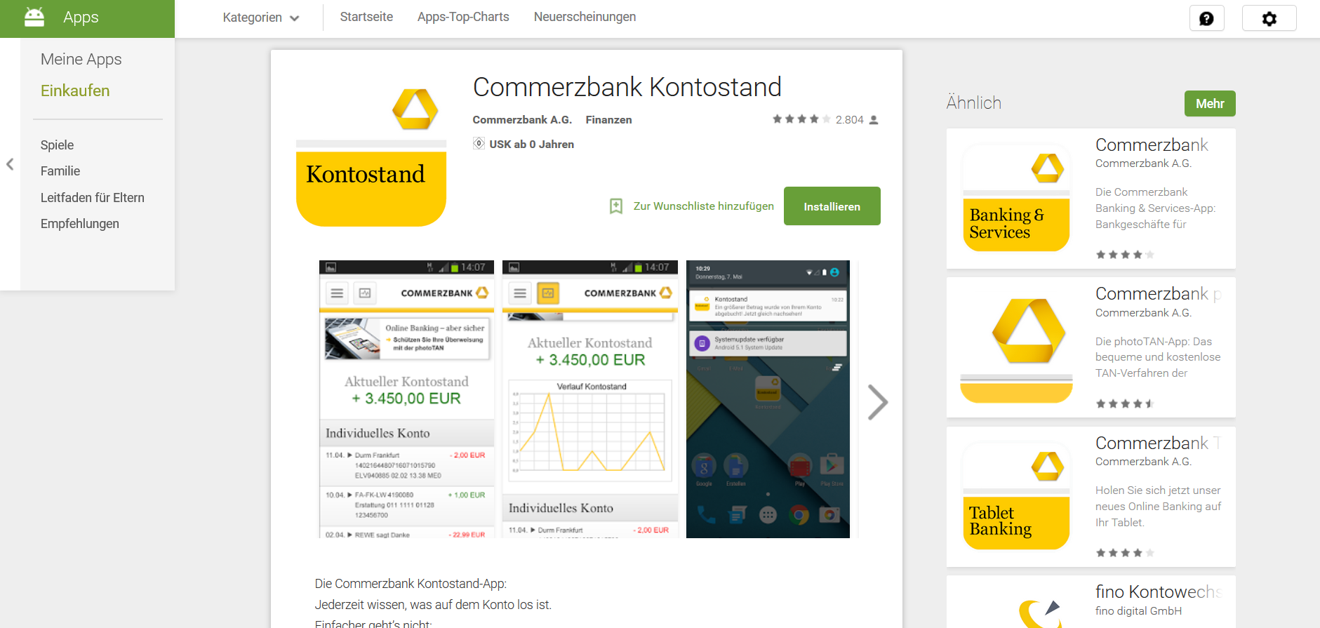 Commerzbank Kontostand im Google Play Store