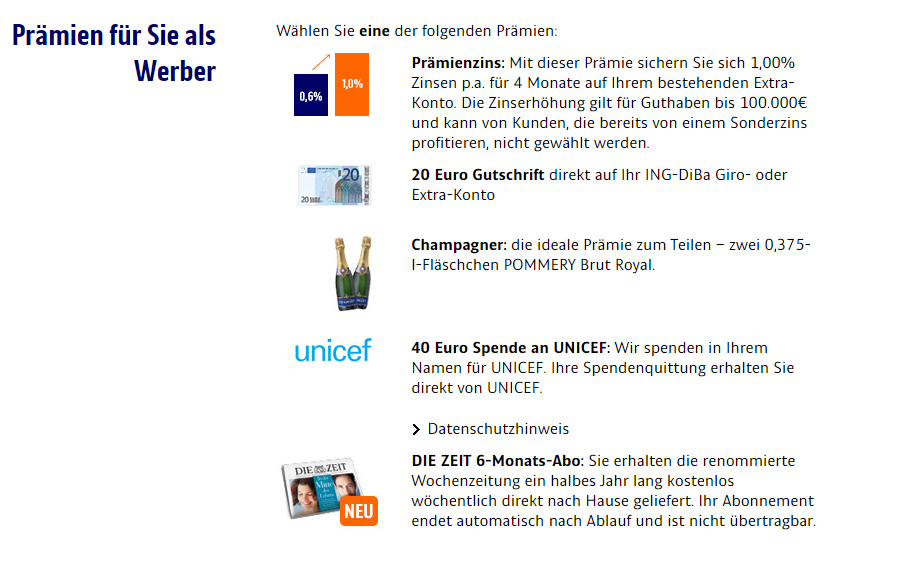 ING DiBa Extra Konto bietet Prämien