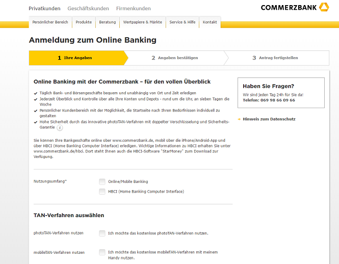 Registrierungsformular der Commerzbank