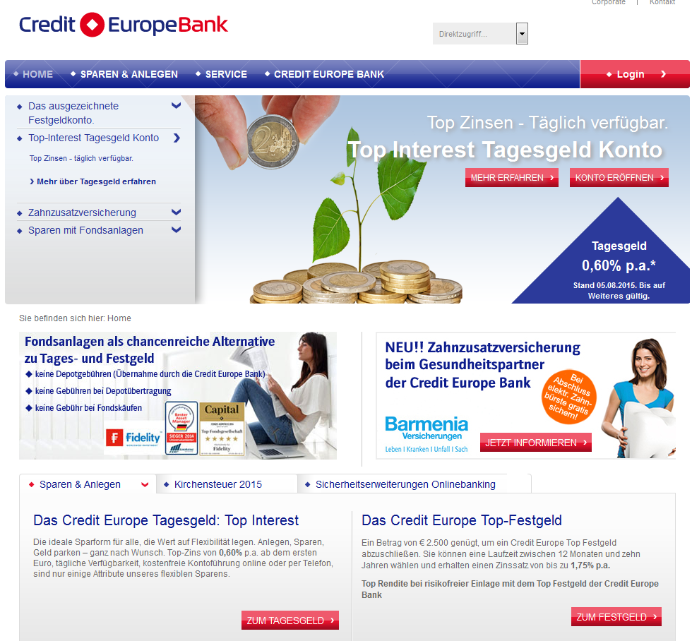 Die Webseite der Credit Europe Bank