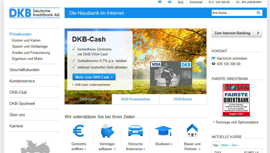 Die Webpräsenz der DKB Bank