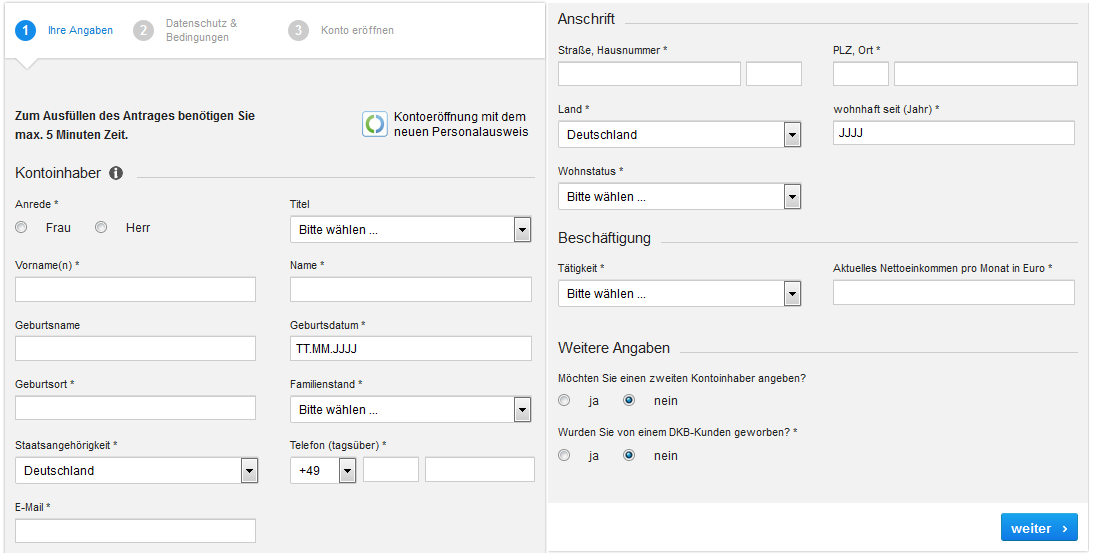 Das Kontoformular der DKB Bank