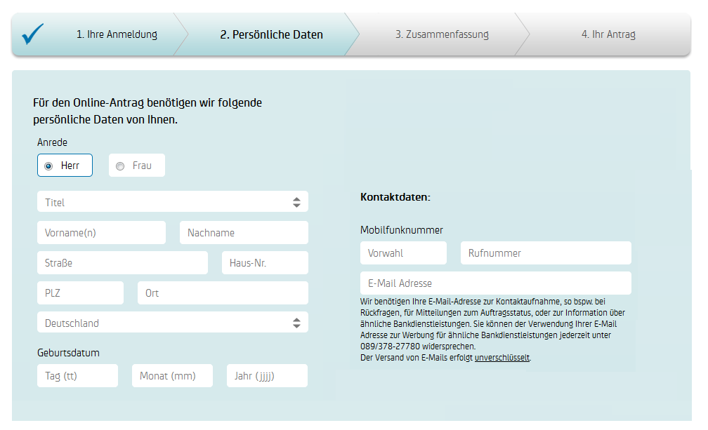 Das Registrierungsformular der HypoVereinsbank