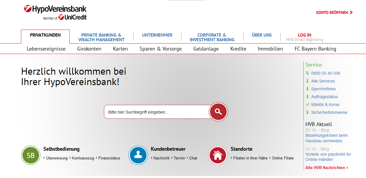 Die Homepage der HypoVereinsbank