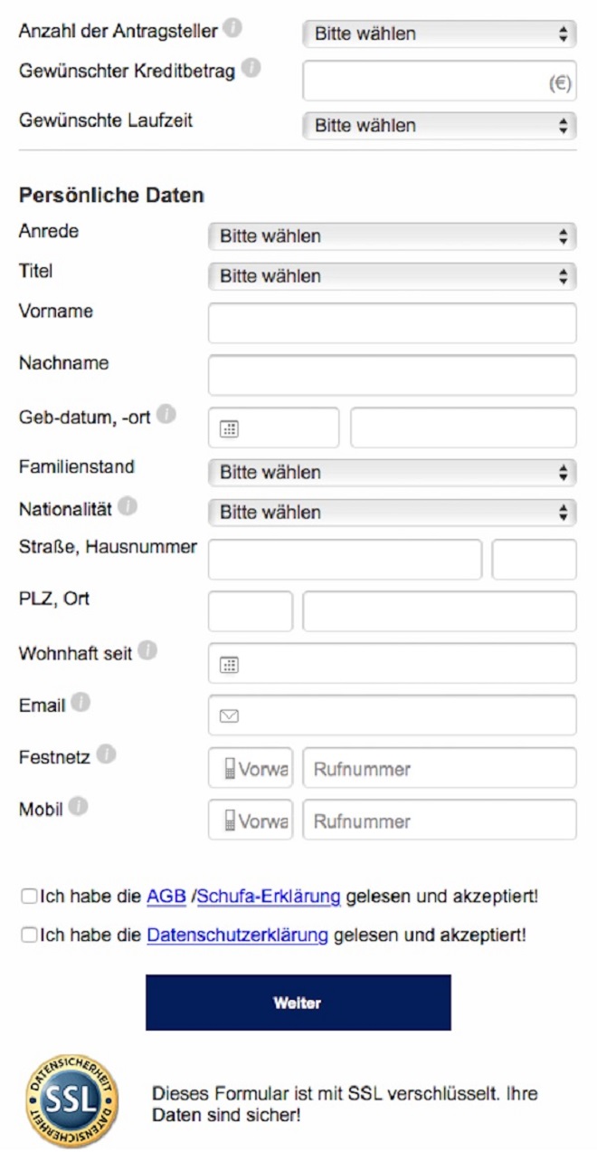 Das Online-Formular für den Kreditantrag