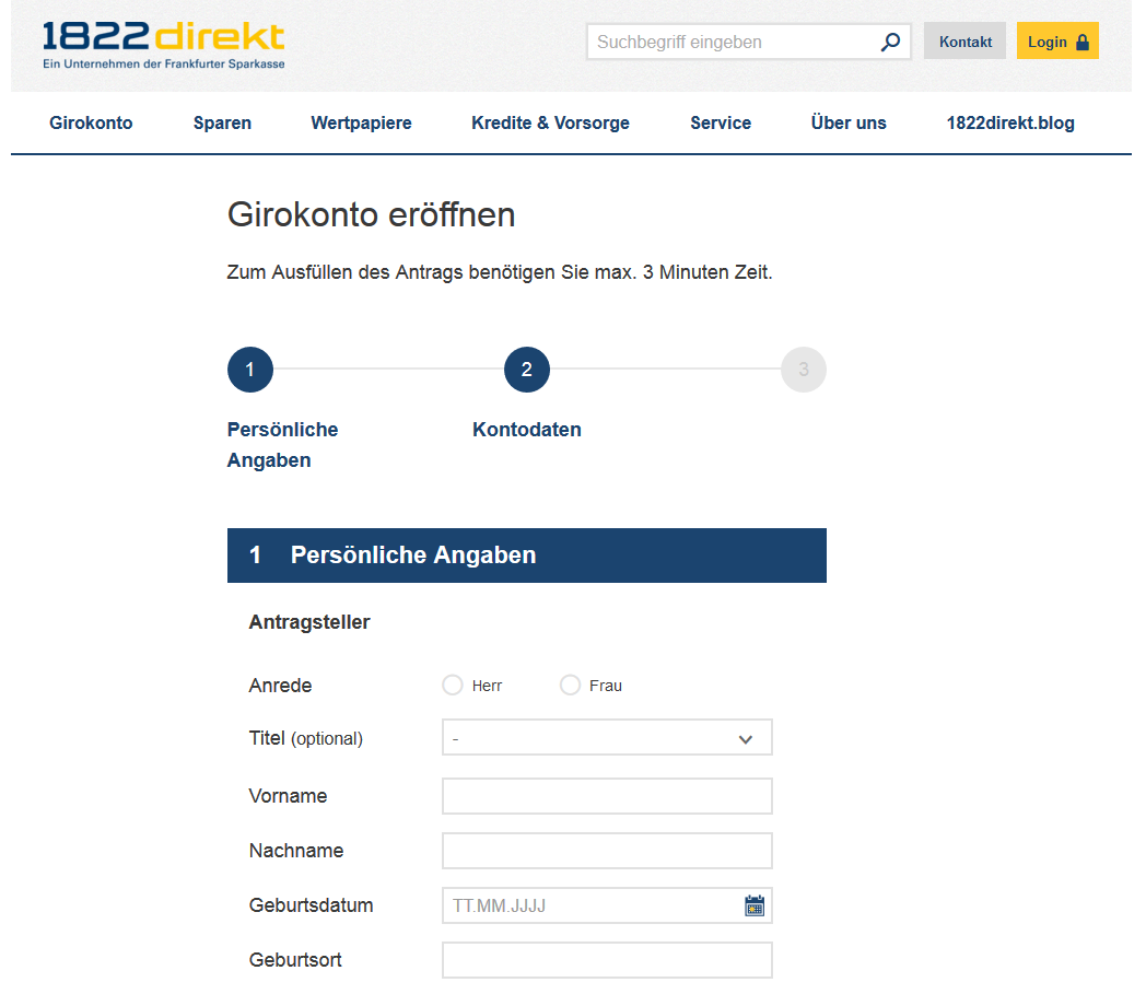 Das Online-Formular bei 1822direkt