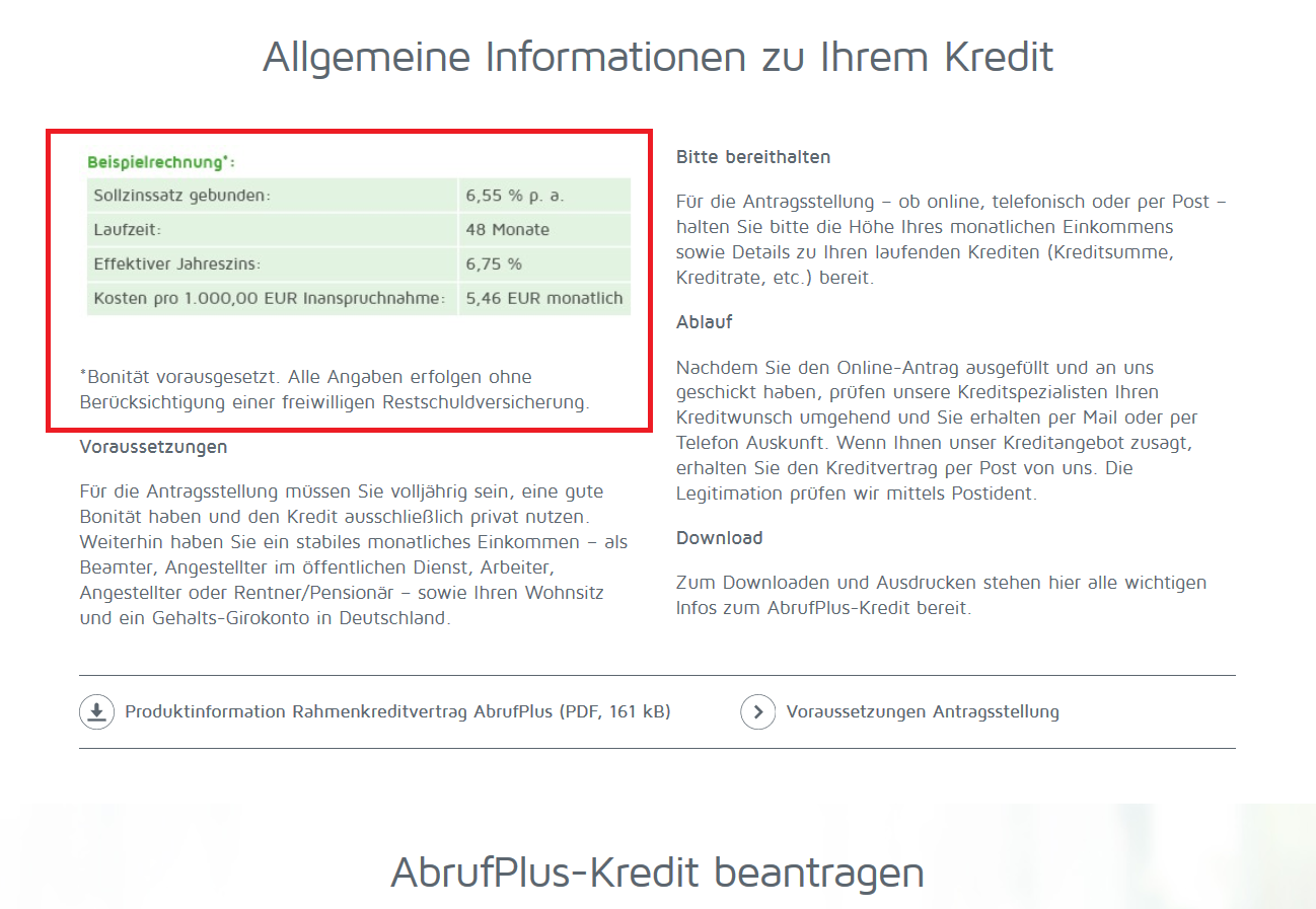 Informationen zu den Konditionen in der Beispielrechnung