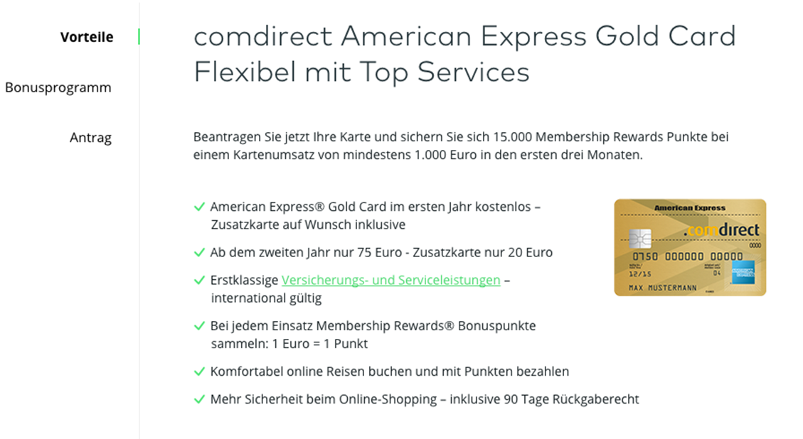 Informationen zur American Express Card bei Comdirect