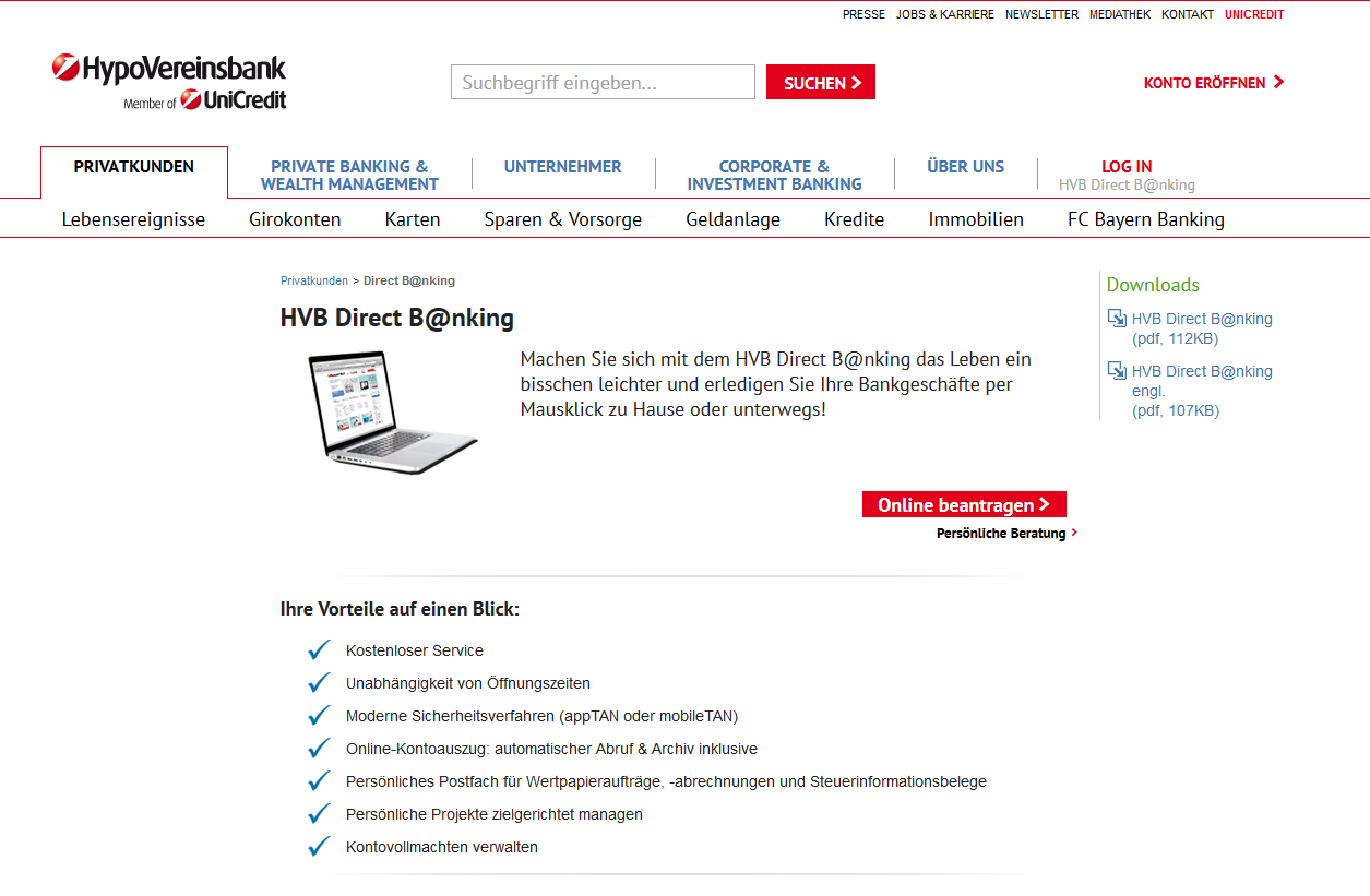 Online Banking über HVB Direct B@nking im Überblick