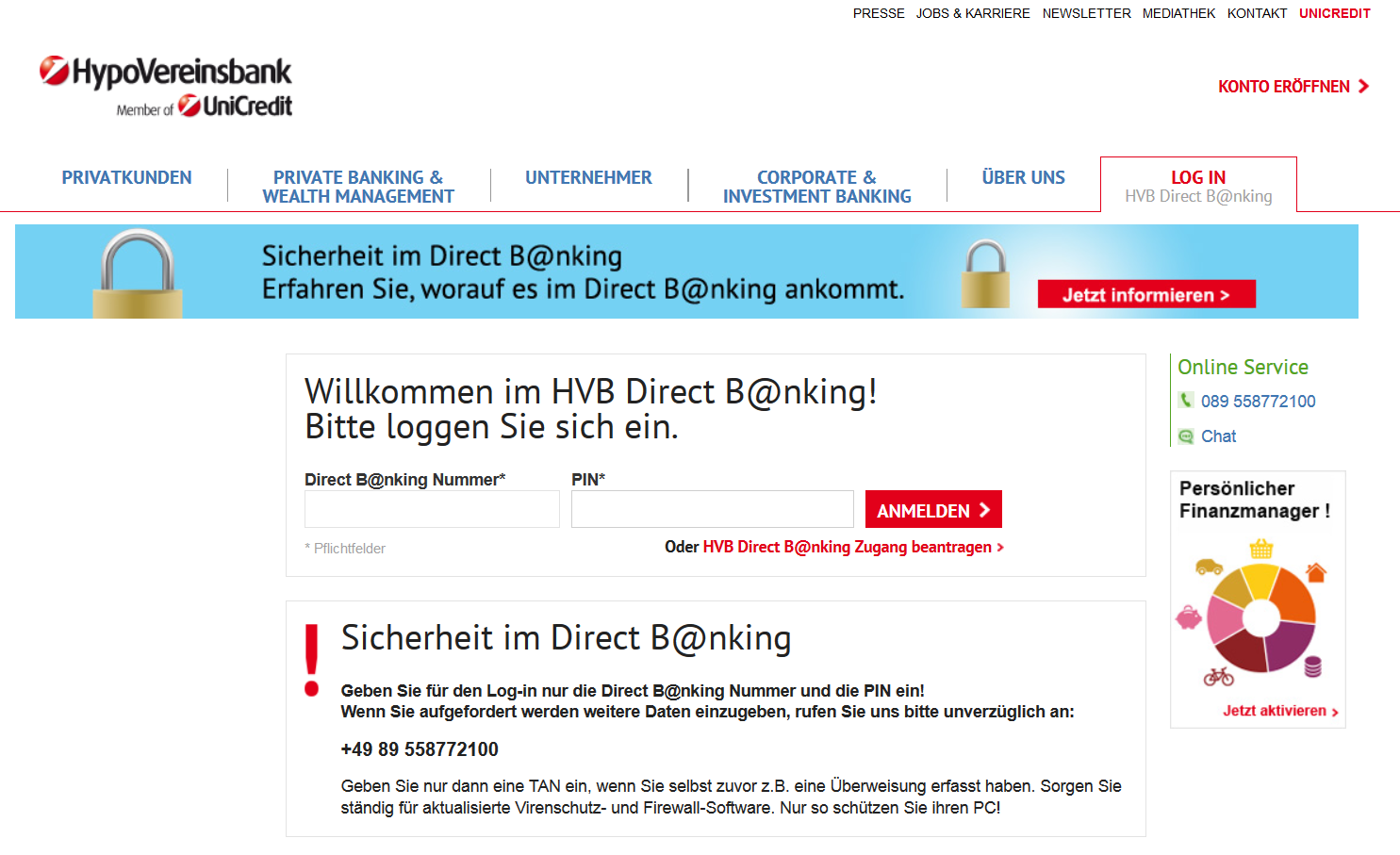 Der Login-Bildschirm für Direct B@nking