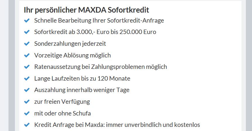 Der Maxda Sofortkredit im Überblick