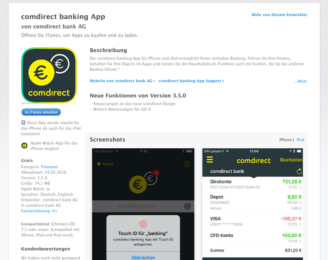 Die banking App von Comdirect