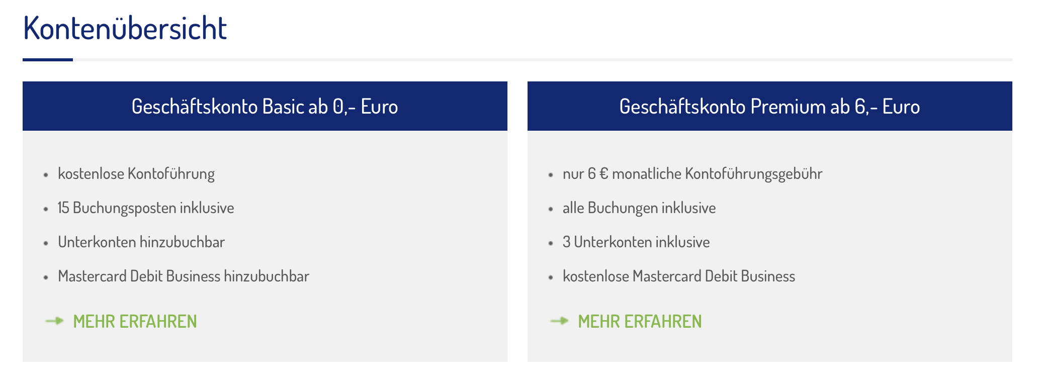 Kontenübersicht - die Geschäftskonten im Vergleich