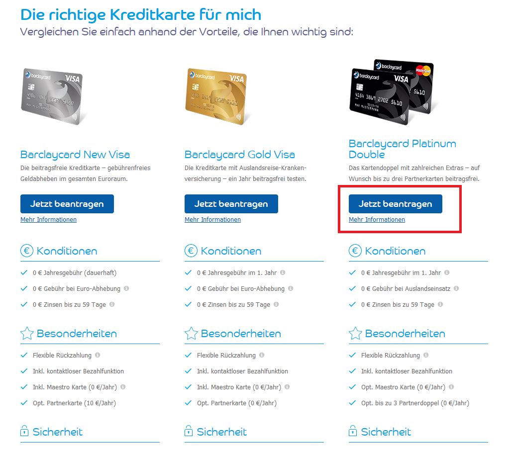 Die Kreditkarten bei Barclaycard im Überblick