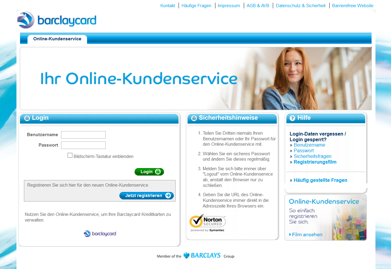 Der Login-Bildschirm des Online-Kundenservices