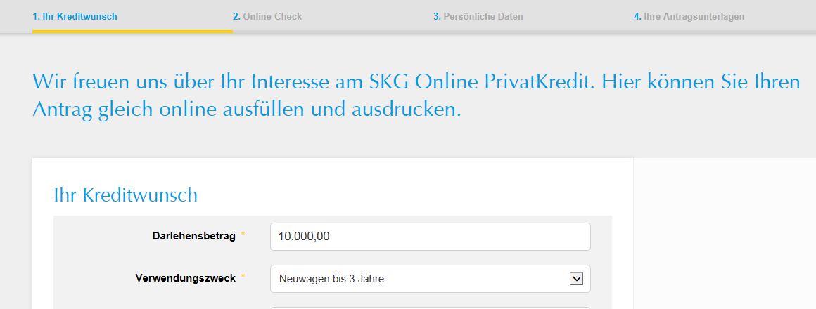 Das Online-Formular des SKG Privatkredits