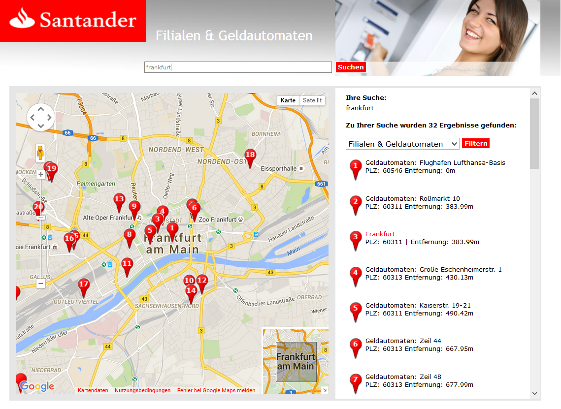 Die Filialsuche der Santander Bank