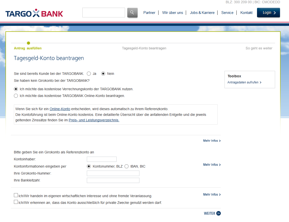 Das Online-Formular für die Kontoeröffnung