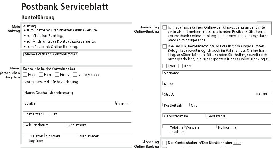 Das Formular für das Postbank Telefon Banking