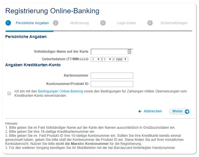 Login und Registrierung für das Barclaycard Online Banking