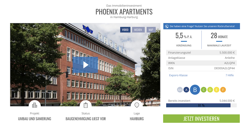 Eine Risikobewertung und ein Video über das Immobilien-Projekt befinden sich auf der Exporo Webseite