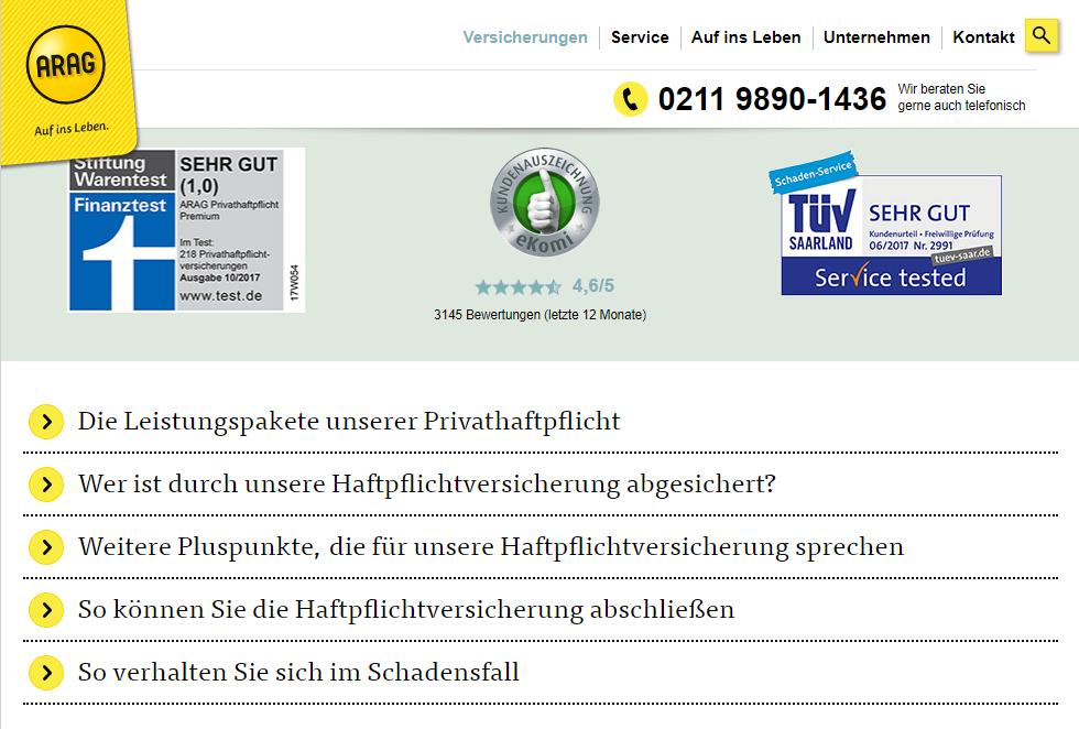 ARAG Privathaftpflichtversicherung Leistungen